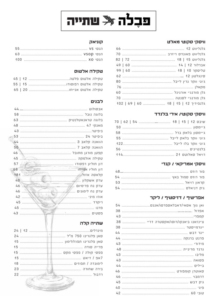 pavella-alcohol-bar-menu תפריט אלכוהול, בירות, יינות וספירטים בבר פבלה